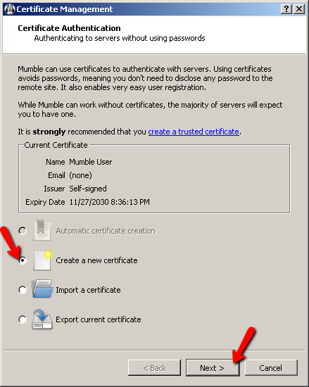 Mumble Certificate Wizard Screen 2